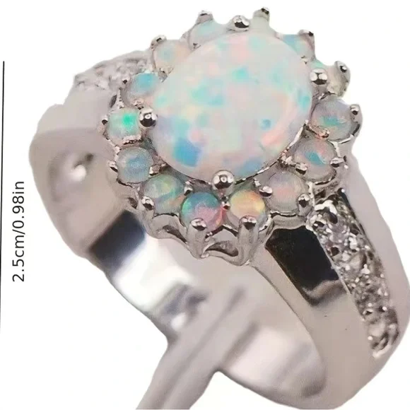 Opal Sunflower, Lab created, Flower Shape, Side Cubic Zirconia Fairy Ring, Sz 7 - Picture 4 of 13